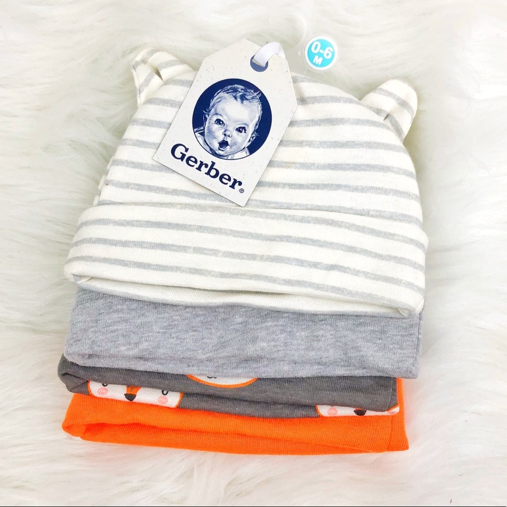 Gerber infant baby hats set of 4 0-6 month fox